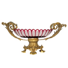 A LARGE LOUIS XV STYLE FRENCH GILT BRONZE AND CRANDBERRY GLASS CENTERPIECE, CIRCA 1900