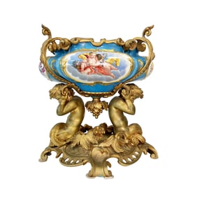 A LARGE FRENCH LOUIS XV STYLE GILT BRONZE MOUNTED AND SEVRES STYLE PORCELAIN CENTERPIECE, LATE 19TH