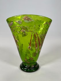 Emile Galle Green tinted glass vase with enamelled decoration in relief and Nicotaiana flowers