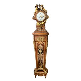 A FRENCH ORMOLU-MOUNTED AMARANTH AND TULIPWOOD PARQUETRY PEDESTAL CLOCK, LATE 19TH CENTURY