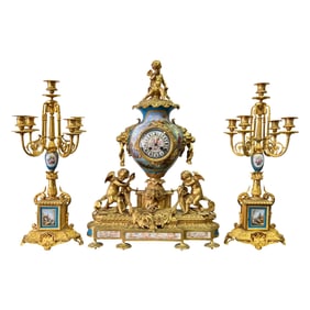 FRENCH SEVRES STYLE GILT BRONZE MOUNTED PORCELAIN CLOCK SET, LATE 19TH CENTURY