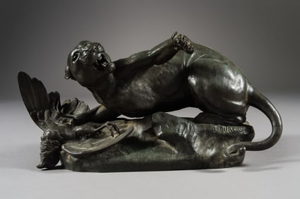 A FRENCH PATINATED BRONZE MODEL OF A LIONESS BY LEON BUREAU