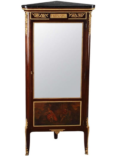 FRENCH ANTIQUE LOUIS XVI STYLE ORMOLU MOUNTED CORNER CABINET, Late 19th Century: FRENCH ANTIQUE LOUIS XVI STYLE ORMOLU MOUNTED CORNER CABINET, Late 19th Century, With a marble top and designed to fit into a corner, DimensionsHeight: 63" (160 cm)Width: 27" (68 cm)Depth: 16" (40 cm)