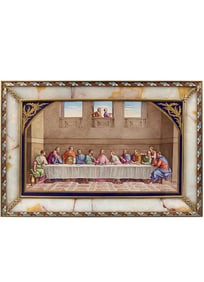 A LARGE FRENCH SEVRES STYLE PAINTED PLAQUE TITLED 'THE LAST SUPPER', Circa 1900