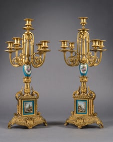 FRENCH PAIR OF SEVRES STYLE ORMOLU MOUNTED CANDELABRAS, CIRCA 1900
