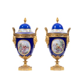 PAIR OF SMALL FRENCH SEVRES STYLE LIDDED & GILT BRONZE MOUNTED VASES