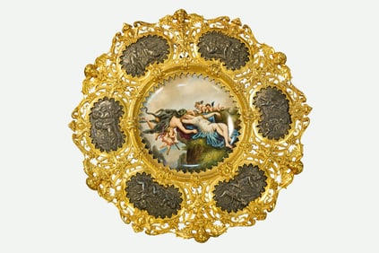 FRENCH PORCELAIN PAINTED PLATE IN GILT BRONZE FRAME, CIRCA 1900