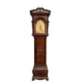 ENGLISH ANTIQUE CARVED OAK GRANDFATHER CLOCK BY 'MAPLE AND CO.'