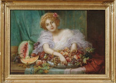 HANS ZATZKA (AUSTRIAN, (1859-1945) YOUNG LADY WITH A FRUIT BASKET