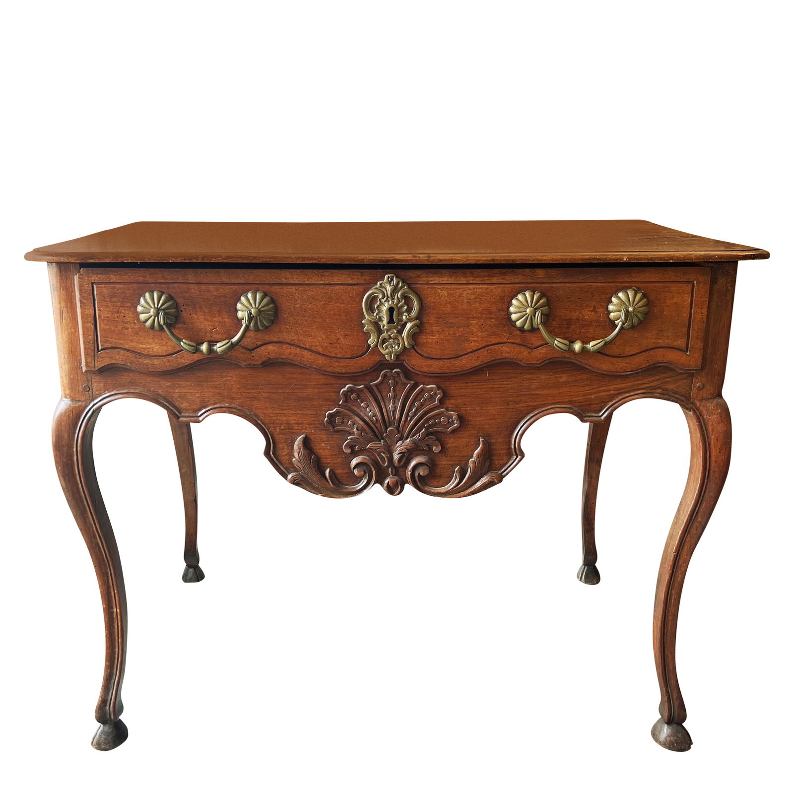 A FRENCH ANTIQUE BRASS MOUNTED DESK: A FRENCH ANTIQUE BRASS MOUNTED DESK, Dimensions Height: 33" Width: 43" Depth: 25.5"