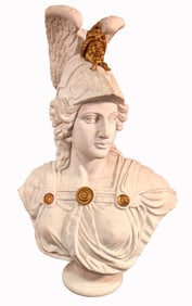 A LARGE ANTIQUE ITALIAN WHITE MARBLE FIGURAL CARVED BUST OF 'MINERVA'