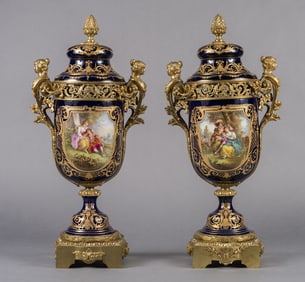 PAIR OF FRENCH SEVRES STYLE PORCELAIN AND GILT BRONZE MOUNTED LIDDED VASES, 19TH CENTURY