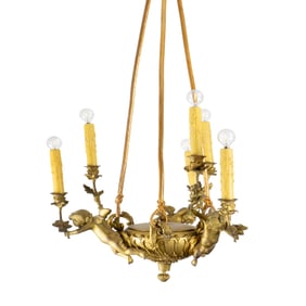 A FRENCH GILT BRONZE SIX LIGHT FIGURAL CHANDELIER, 19TH CENTURY