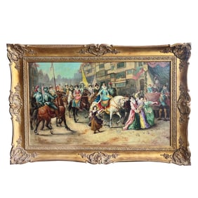 A Large 19th Century French Oil on Canvas Depicting a Queen on a Horse Signed
