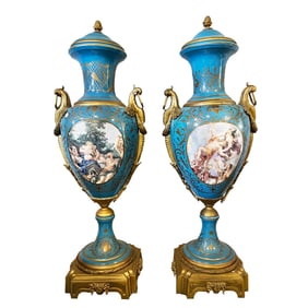 PAIR OF LARGE SEVRES STYLE PORCELAIN LIDDED VASES