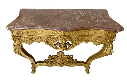 FRENCH LOUIS XV STYLE CARVED ROUGE MARBLE TOP CONSOLE, 19TH CENTURY