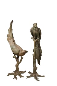 PAIR OF LIFE-SIZE BRONZE PARROT SCULPTURES ON BRANCHES, 20TH CENTURY