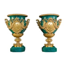A PAIR OF LARGE GILT BRONZE MOUNTED MALACHITE PALACE URNS, 20TH CENTURY