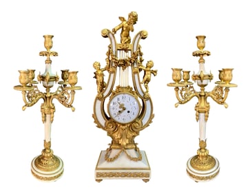 FRENCH GILT BRONZE AND MARBLE 'LYRE' SHAPED CLOCK GARNITURE, 19TH CENTURY
