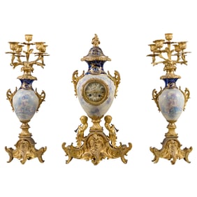 FRENCH SEVRES STYLE PORCELAIN AND ORMOLU MOUNTED CLOCK GARNITURE, 19TH CENTURY