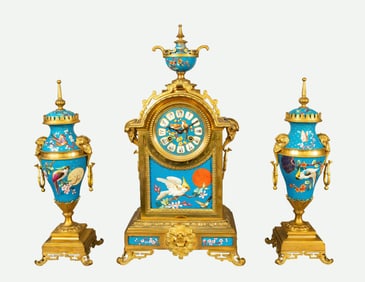 FRENCH GILT BRONZE MOUNTED 'JAPONISME' CLOCK GARNITURE, 19TH CENTURY
