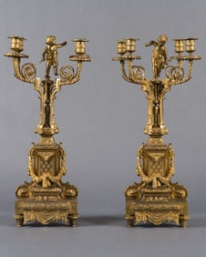 PAIR OF FRENCH GILT BRONZE FIGURAL FOUR BRANCH CANDELABRA, 19TH CENTURY