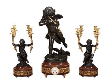FRENCH BRONZE FIGURAL CLOCK GARNITURE AFTER JEAN ANTOINE HOUDON, 19TH CENTURY