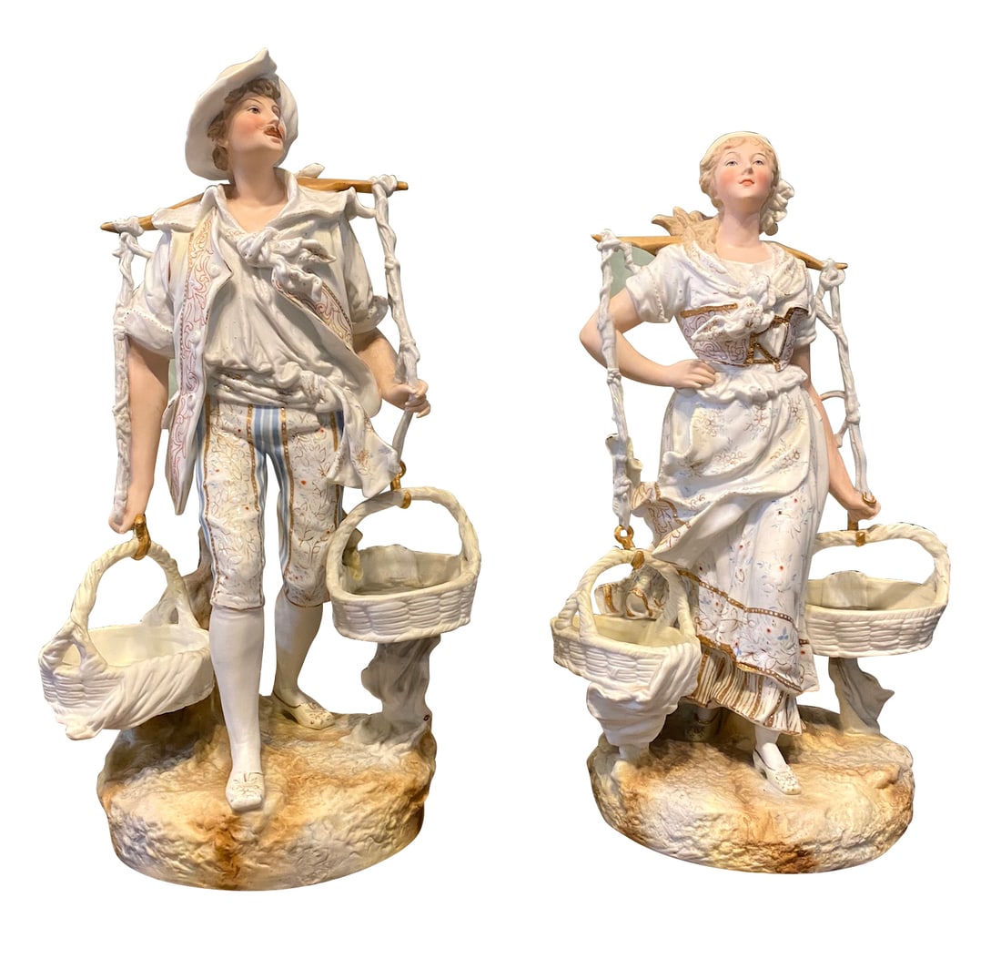 PAIR OF FRENCH WHITE BISQUE PORCELAIN FIGURES, EARLY 20TH CENTURY: PAIR OF FRENCH WHITE BISQUE PORCELAIN FIGURES, EARLY 20TH CENTURY, Dimensions Height: 17 3/4" Width: 9.5" Depth: 7.25"