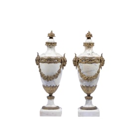 PAIR OF FRENCH BRONZE MOUNTED WHITE MARBLE LIDDED CASSOLETTES, 19TH CENTURY