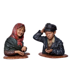 LOUIS HOTTOT FRENCH PAIR OF POLYCHROME METAL BUSTS, LATE 19TH CENTURY