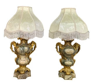 PAIR LOUIS XV STYLE ORMOLU MOUNTED AND MARBLE URNS/LAMPS BY MAISON MILLET, 19TH CENTURY