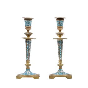 PAIR OF FRENCH CLOISIONNE ENAMEL CANDLE STICKS, CIRCA 1900