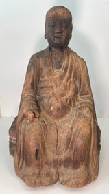 A VERY LARGE ANTIQUE CHINESE CARVED WOOD BUDDHA ON BASE