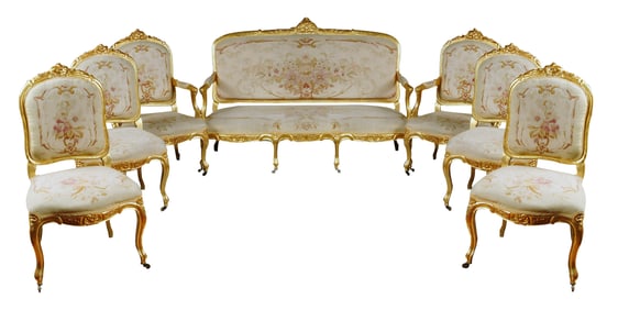 FRENCH GILT WOOD AND ABUSSON TAPESTRY SALON SUITE, 19TH CENTURY