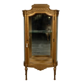A FRENCH LOUIS XVI STYLE GILT WOOD VERNIS MARTIN CURVED GLASS CABINET, CIRCA 1900