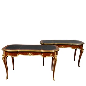 A PAIR OF FRENCH STYLE GILT BRONZE MOUNTED LEATHER TOP LADIES DESKS, 20TH CENTURY