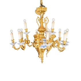 A FRENCH GILT BRONZE AND PORCELAIN LOUIS XV STYLE CHANDELIER, 20TH CENTURY