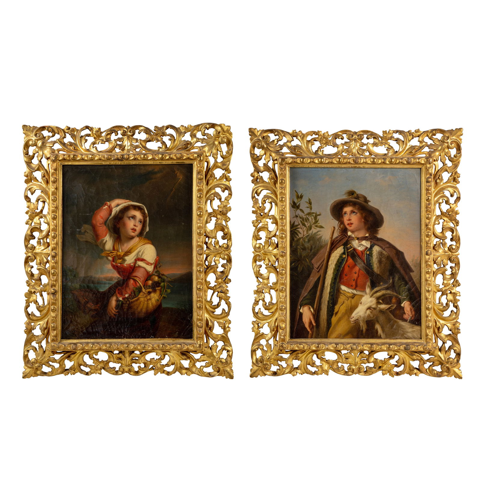 PAIR OF GERMAN SCHOOL FULL LENGTH PORTRAIT PAINTINGS, MID-19TH CENTURY: PAIR OF GERMAN SCHOOL FULL LENGTH PORTRAIT PAINTINGS, MID-19TH CENTURY, in antique gilt wood frames, Dimensions(each):Frame: 25" x 21.5" Canvas: 17.5" x 13.5"