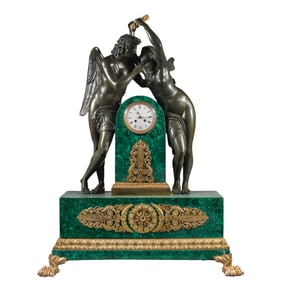 A LARGE EMPIRE STYLE ORMOLU, PATINATED BRONZE AND MALACHITE MANTEL CLOCK, 19TH CENTURY