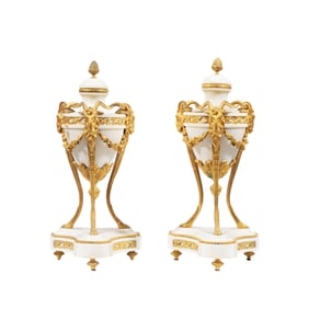 PAIR OF FRENCH GILT BRONZE MOUNTED & WHITE MARBLE LIDDED CASSOLETTES, 19TH CENTURY