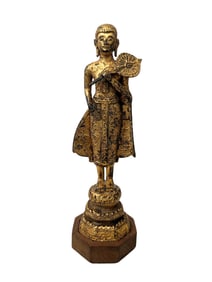 THAI CARVED WOOD SEATED BUDDHA WITH TRACES OF GILDING