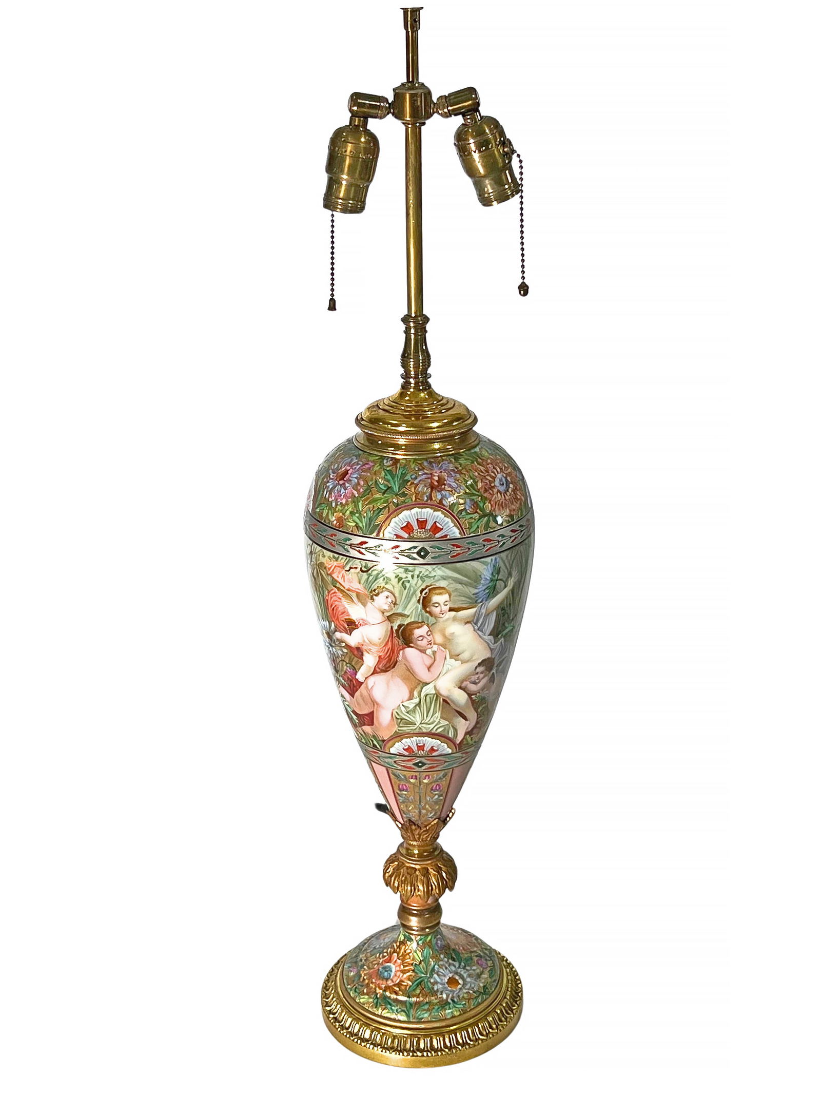 FRENCH ART NOUVEAU SEVRES STYLE PORCELAIN DECORATED VASE/LAMP, CIRCA 1900: FRENCH ART NOUVEAU SEVRES STYLE PORCELAIN DECORATED VASE/LAMP, CIRCA 1900, SIGNED LUCOT, DIMENSIONS HEIGHT: 21" NOT INCLUDING LIGHTING POLE