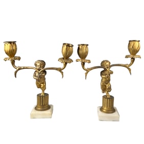 FRENCH GILT BRONZE AND MARBLE CANDLE HOLDERS, EARLY 20TH CENTURY