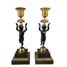 FRENCH PATINATED AND GILT BRONZE CANDLE HOLDERS, EARLY 20TH CENTURY