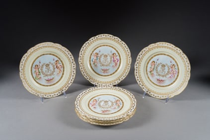 SIX ANTIQUE SEVRES STYLE IVORY COLOR PORCELAIN PAINTED PLATES, CIRCA 1850