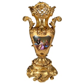 ANTIQUE SEVRES STYLE GILT PORCELAIN PAINTED VASE IN THE MANNER OF JACOB PETIT, 19TH CENTURY