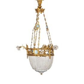 A FRENCH GILT BRONZE AND WEDGEWOOD THREE LIGHT CHANDELIER, 19TH CENTURY