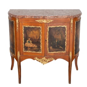 A FRENCH GILT BRONZE MOUNTED AND PAINTED TWO-DOOR CONSOLE TABLE, CIRCA 1920