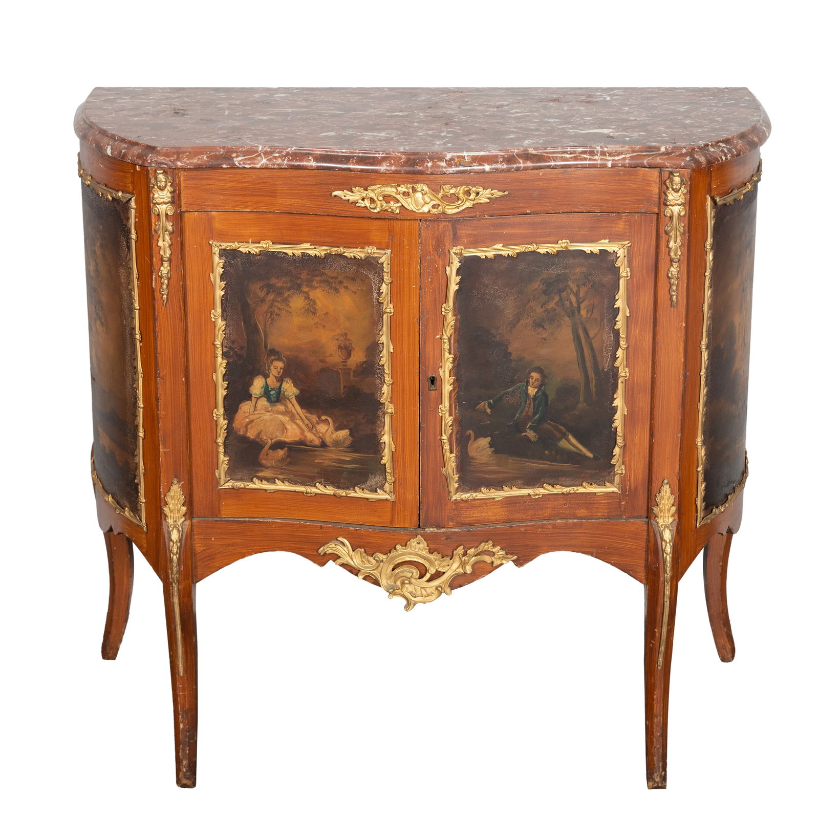 A FRENCH GILT BRONZE MOUNTED AND PAINTED TWO-DOOR CONSOLE TABLE, CIRCA 1920: FRENCH GILT BRONZE MOUNTED AND PAINTED TWO-DOOR CONSOLE TABLE, CIRCA 1920 having paintings on four panels with gilt bronze mounted borders and a rouge marble top, Dimensions Height: 35 5/8" Width: 37