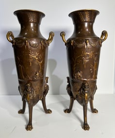 A PAIR OF GILT & PATINATED BRONZE NAPOLEON III NEO-GREC VASES BY FERDINAND LEVILLAIN & CAST BY  F.